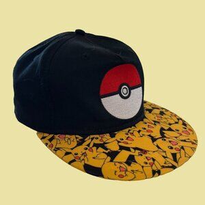 Pokémon Hat Unisex Youth OSFM‎ Black Yellow Pikachu Print Red Brim Adjustable